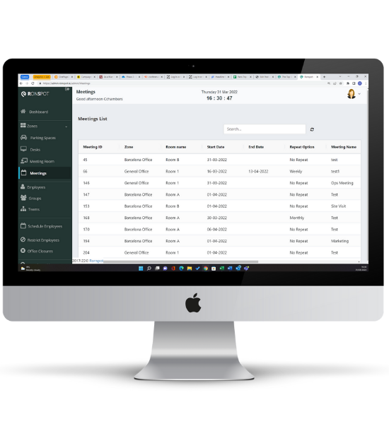 List of meetings in the Ronspot desktop app. COnference room booking system with ronspot