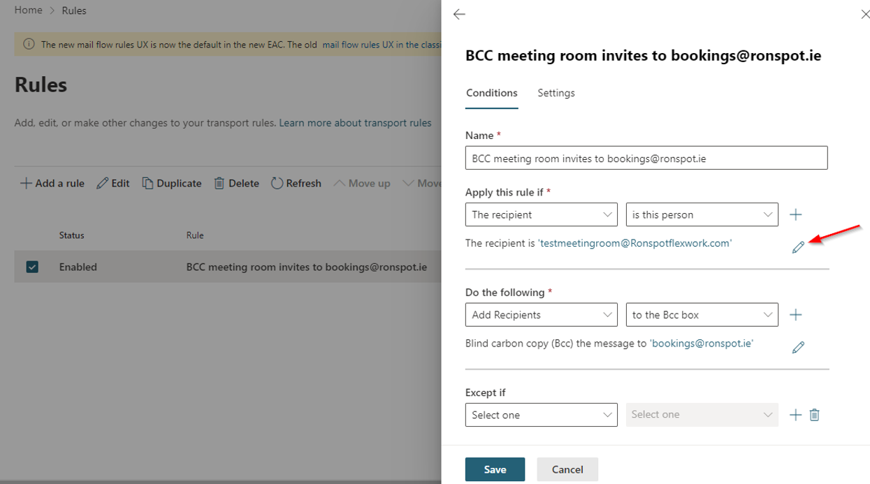 Editing an existing mail flow rule in Exchange