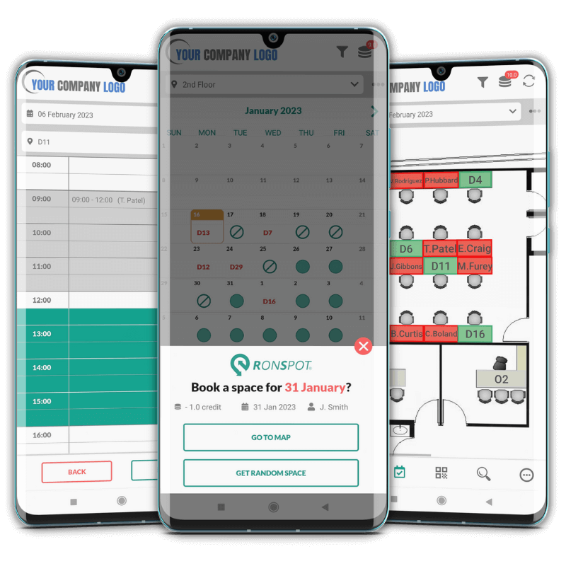 Views of Ronspot desk booking mobile app