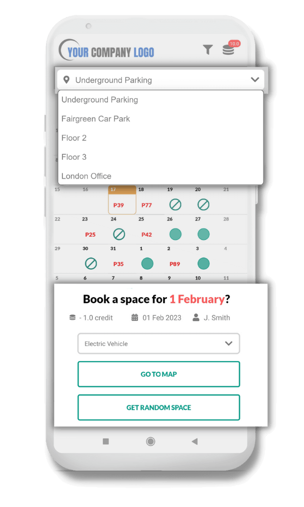Calendar view of the Ronspot app to show how to book a desk, parking space and meeting room