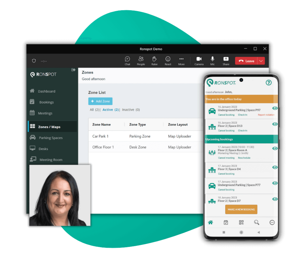 Request a demo of Ronspot desk, parking and meeting booking system with Angela Hernandez