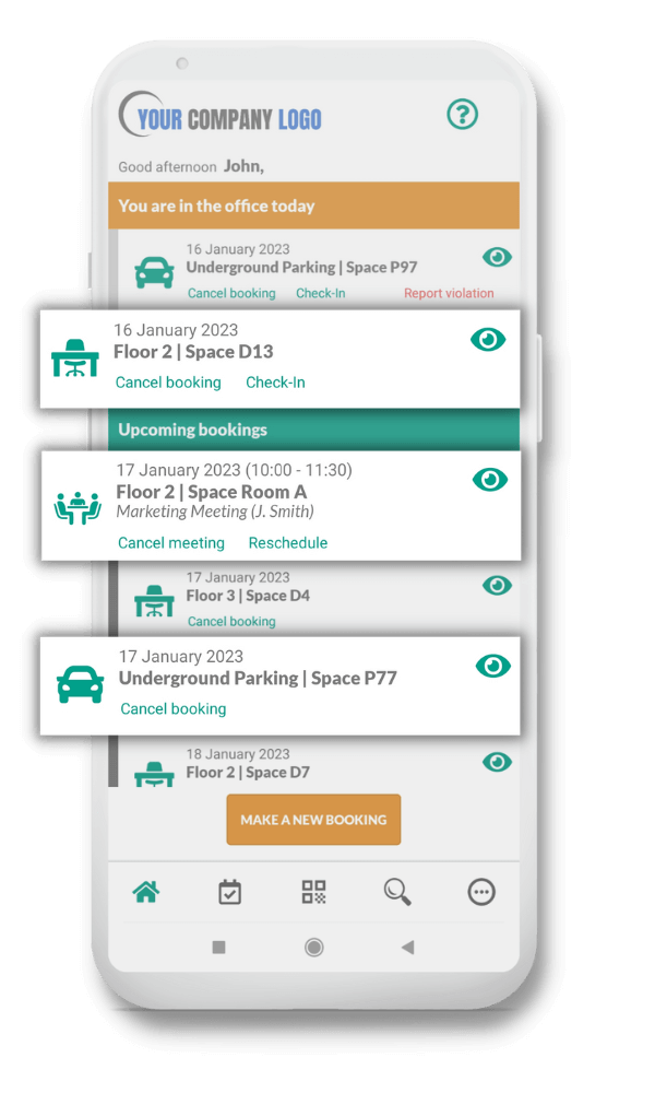 Homepage of the Ronspot app with desk, parking and meeting bookings