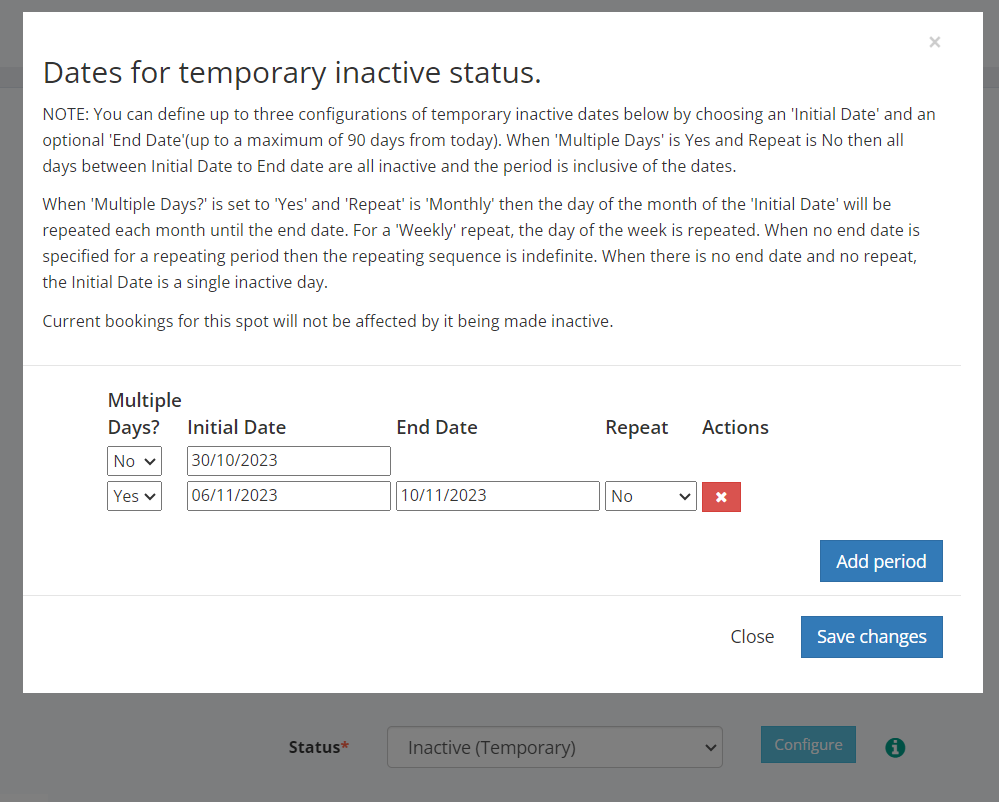 Create temporary inactivity period for a spot