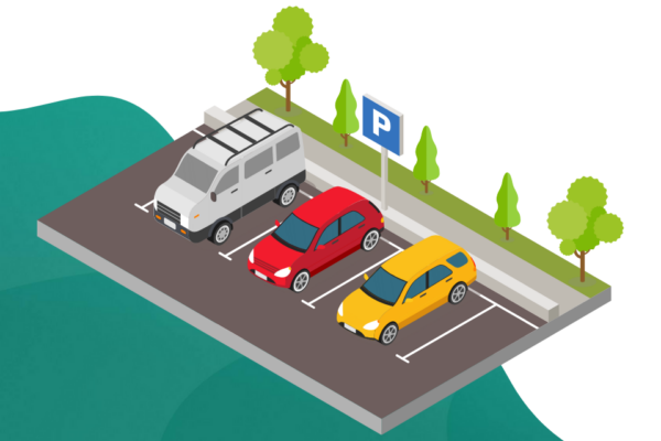 Isometric illustration of a parking lot with vehicles and a parking sign, representing smart city parking solutions.
