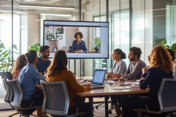 A professional hybrid meeting in a modern office