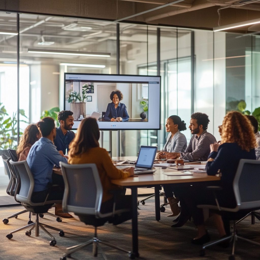 A professional hybrid meeting in a modern office