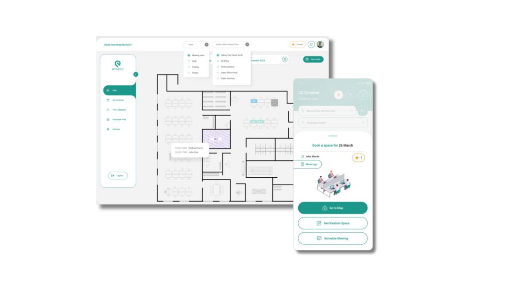 office floor plan in a booking app beside a phone with an illustration of people sitting at desks