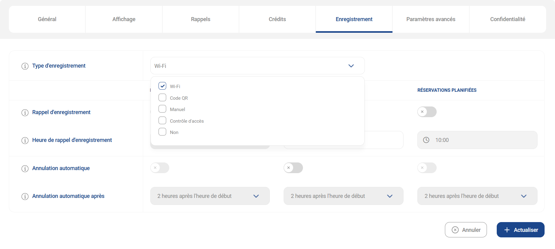 Configuration du check-in Wi-Fi