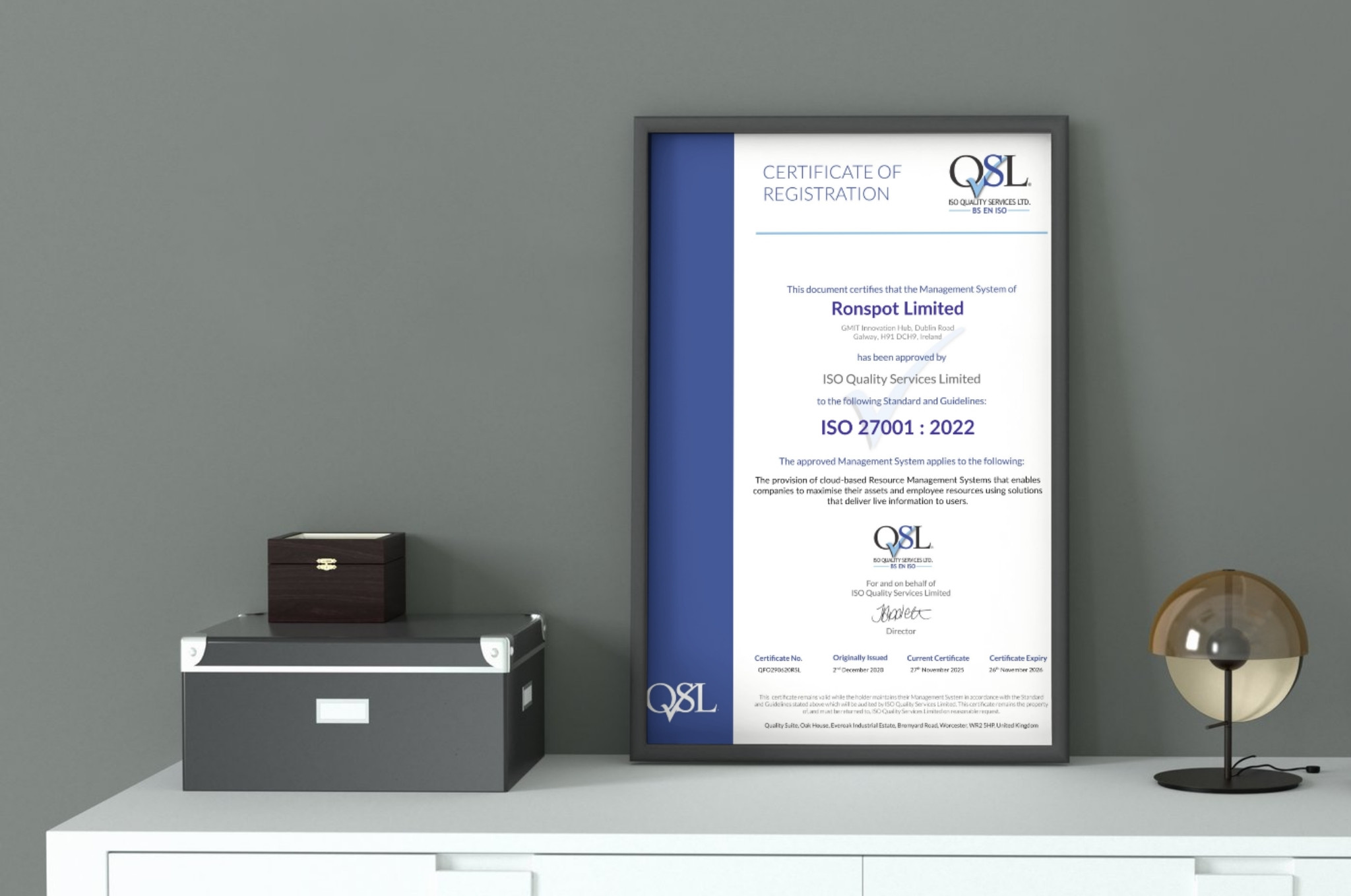 Ronspot ISO 27001 certification in a frame