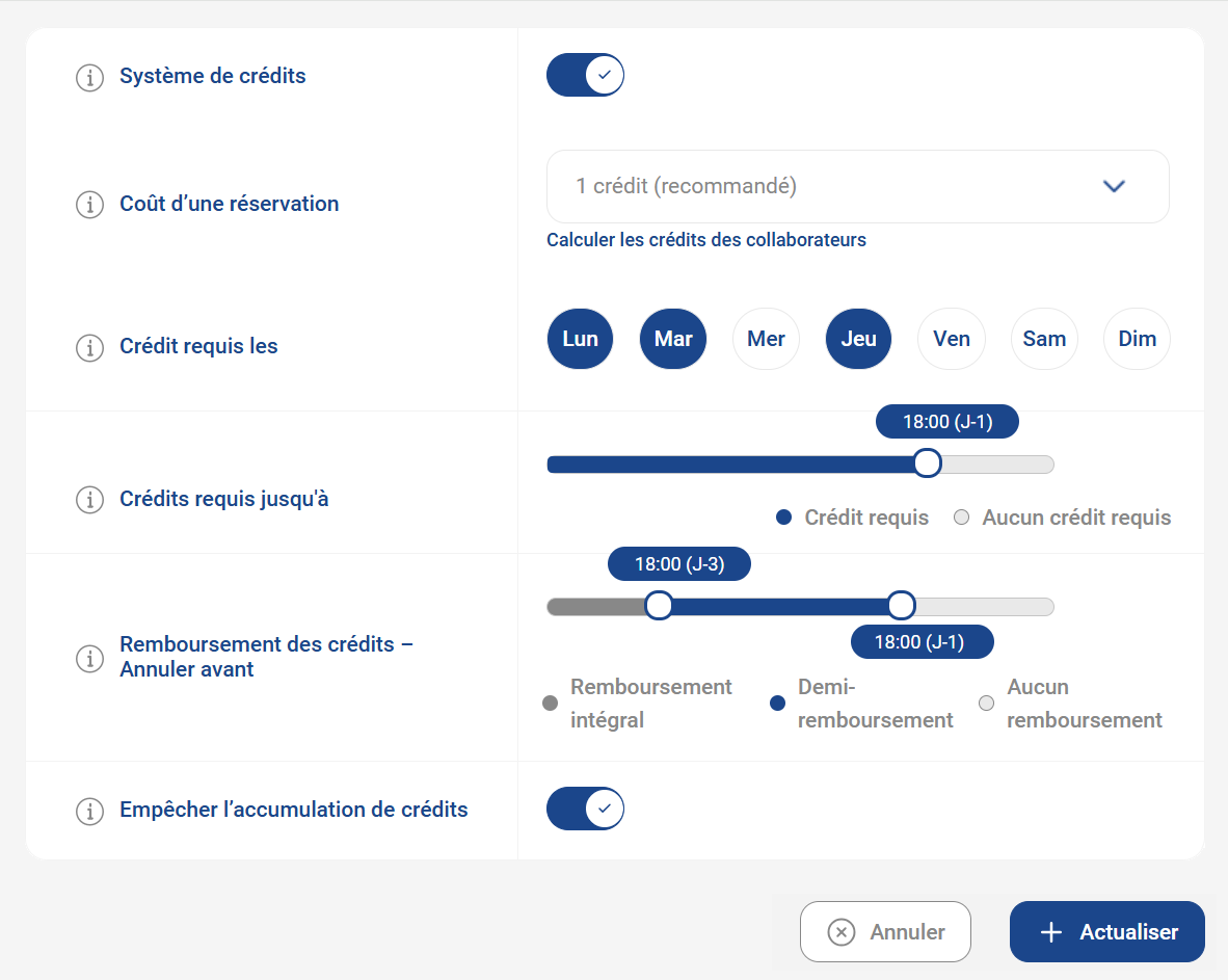 Page de configuration du système de parking à crédits