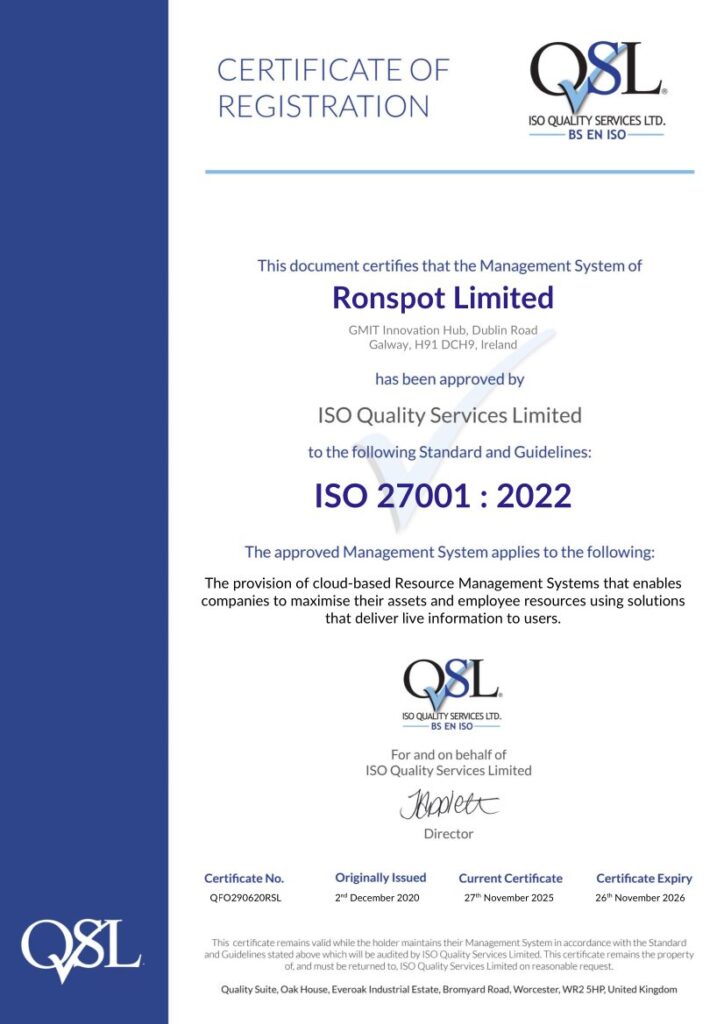 Ronspot ISO27001 certificate 2026